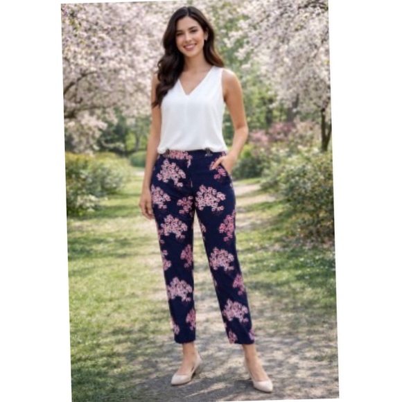 Grayson Pants - Grayson Navy Blue Pink Cherry Blossom Print Straight Ankle Leg Workwear Pants L
